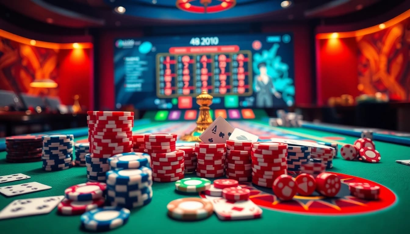 Join the Dominoqiu online action with vibrant casino elements like poker chips and cards.