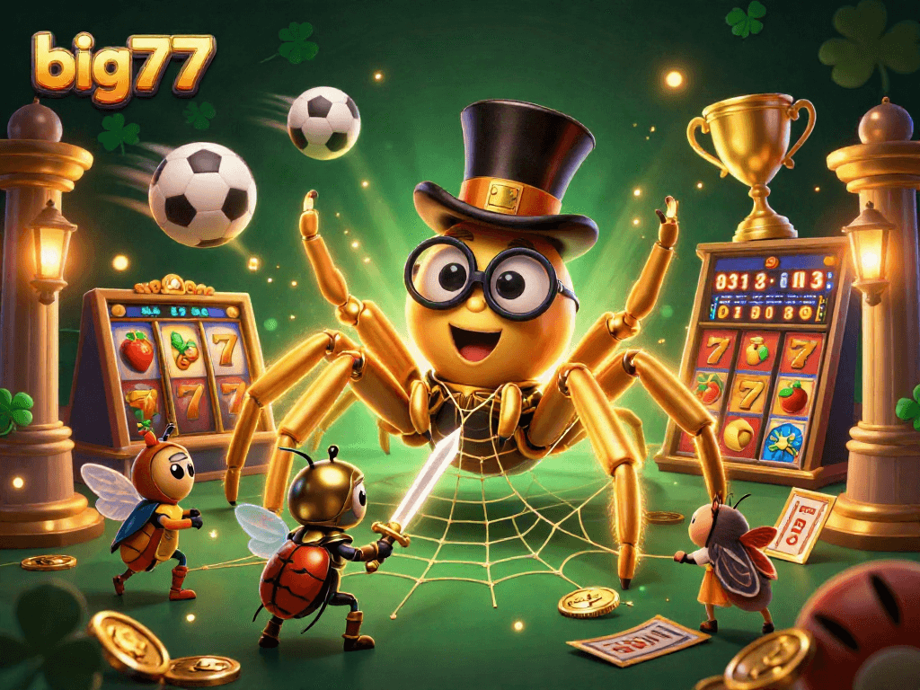big777 menciptakan suasana kasino yang hidup dengan tarantula emas raksasa dan kesatria kumbang berani dalam ilustrasi 3D