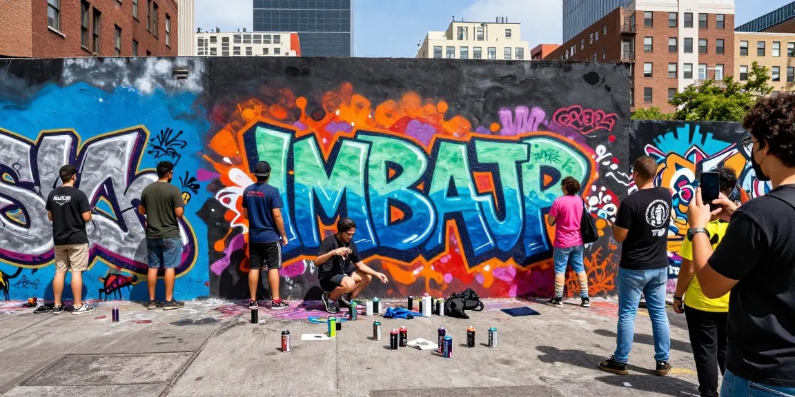 Grafiti "IMBAJP" yang dihiasi seniman lokal di lingkungan perkotaan yang hidup.