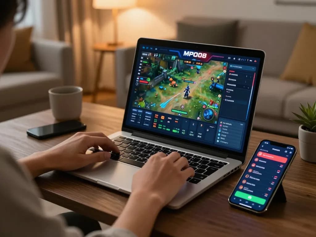 MPO08 online gaming setup with interactive interface, laptop and smartphone in cozy living room.