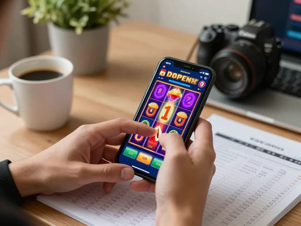 Engaging in a bright nổ hũ game on smartphone, crafting strategies from home setting.