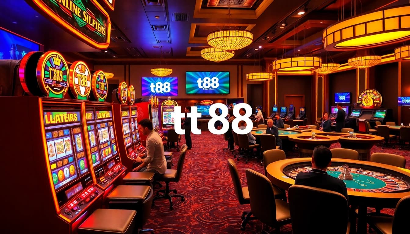 Players celebrating big wins at tt88's vibrant casino scene filled with slot machines and poker tables.