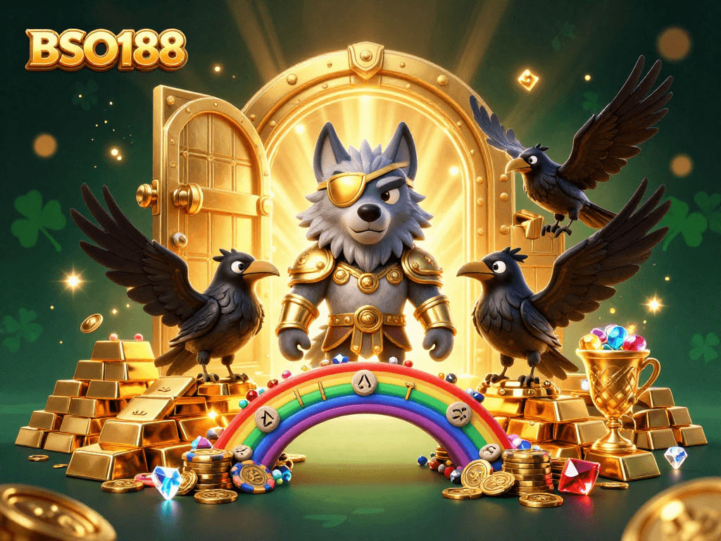 Engage with BSO188, featuring iconic gambling symbols and characters in a vibrant casino realm.