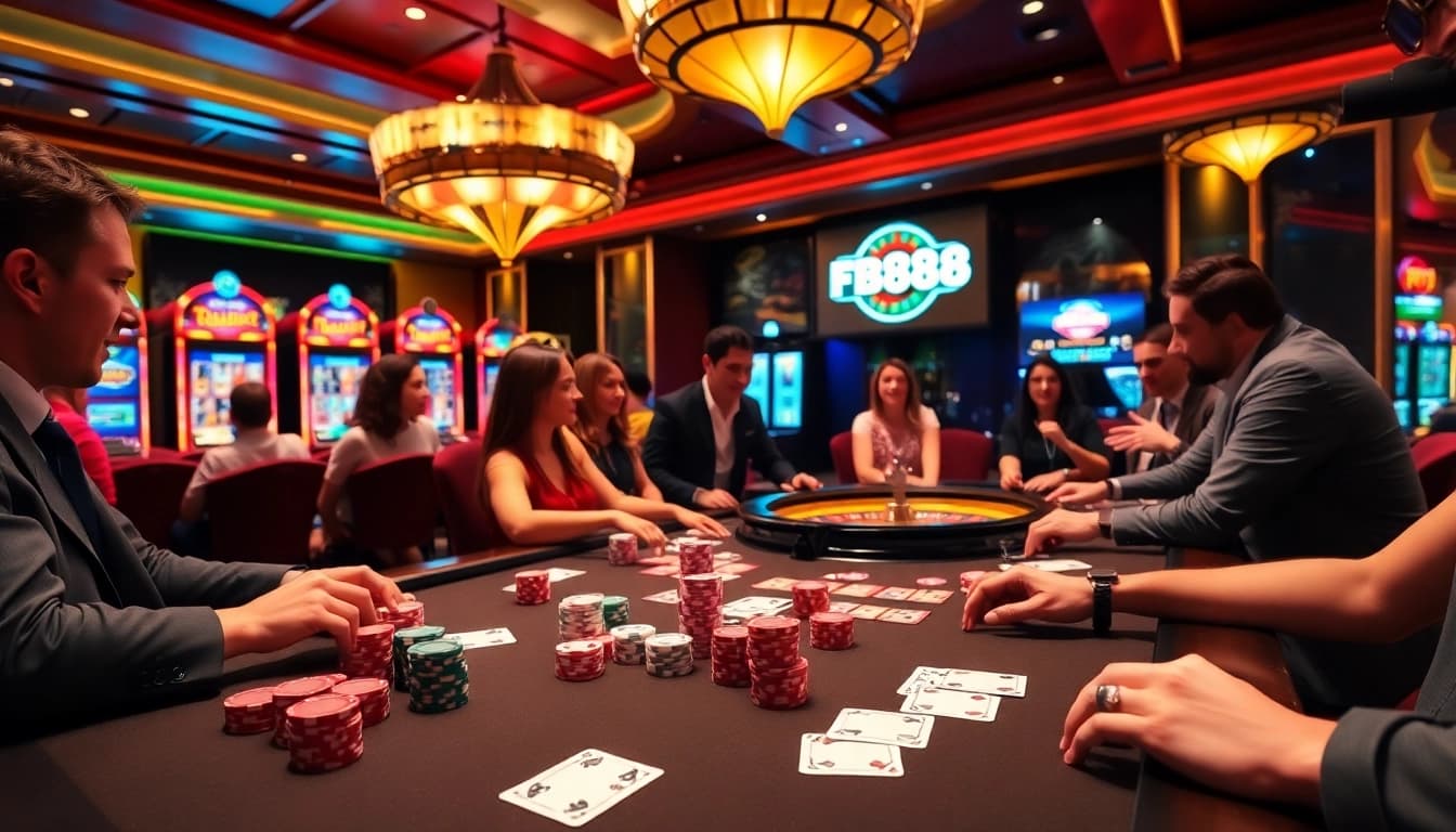 Enjoying a thrilling poker game at FB88, featuring vibrant chips and luxurious casino ambiance.