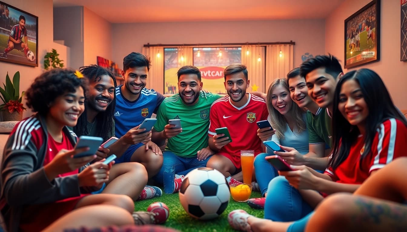 Excited soccer fans engaged on https://xoilactv88.net/ watching a live match on various devices.