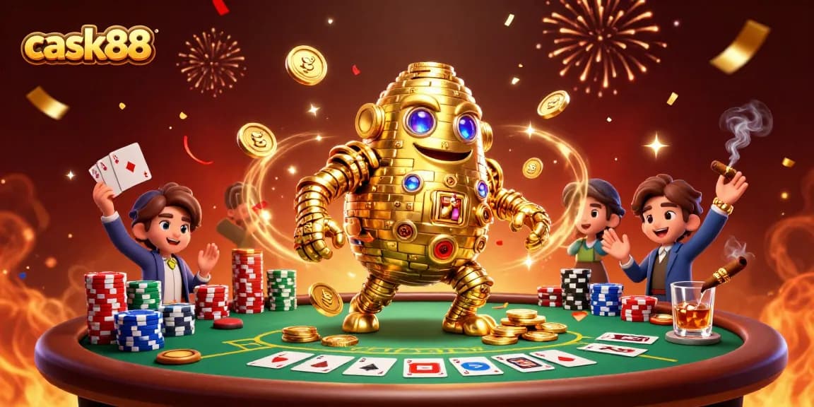 Cask88 features an animated golden golem as it interacts with poker elements in a mesmerizing casino scene.