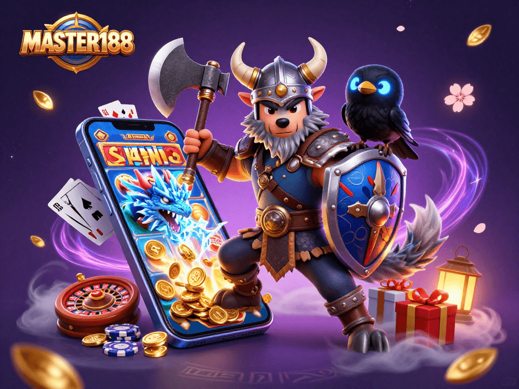 Engage with MASTER188's thrilling gaming atmosphere featuring characters amidst dynamic slots and casino elements.
