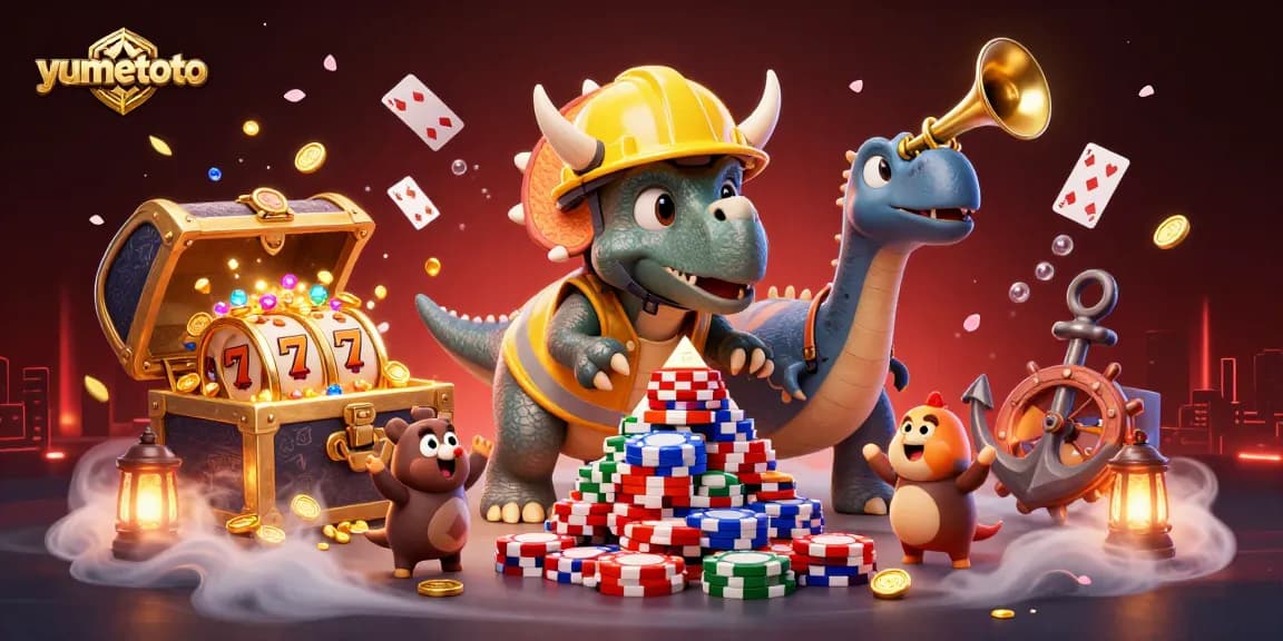 Experience the thrill of yumetoto with a vibrant casino scene featuring a triceratops and endless poker chips.