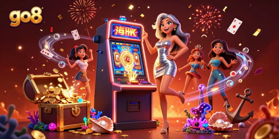 Experience big wins at GO8 with a stunning slot machine and vibrant casino elements surrounding a celebratory player.