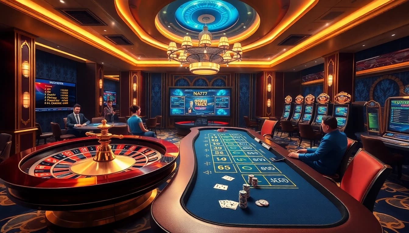 Betting excitement at NA777 with professional dealers and vibrant casino elements.