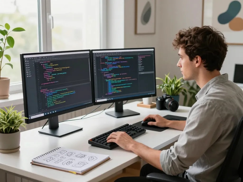 Developer coding crush ai on dual monitors in a vibrant tech workspace.