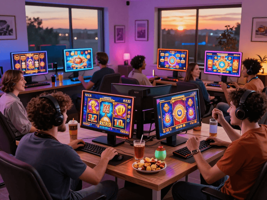Exciting dynamic scene of players enjoying slot resmi games, showcasing modern gaming atmosphere for 2026.