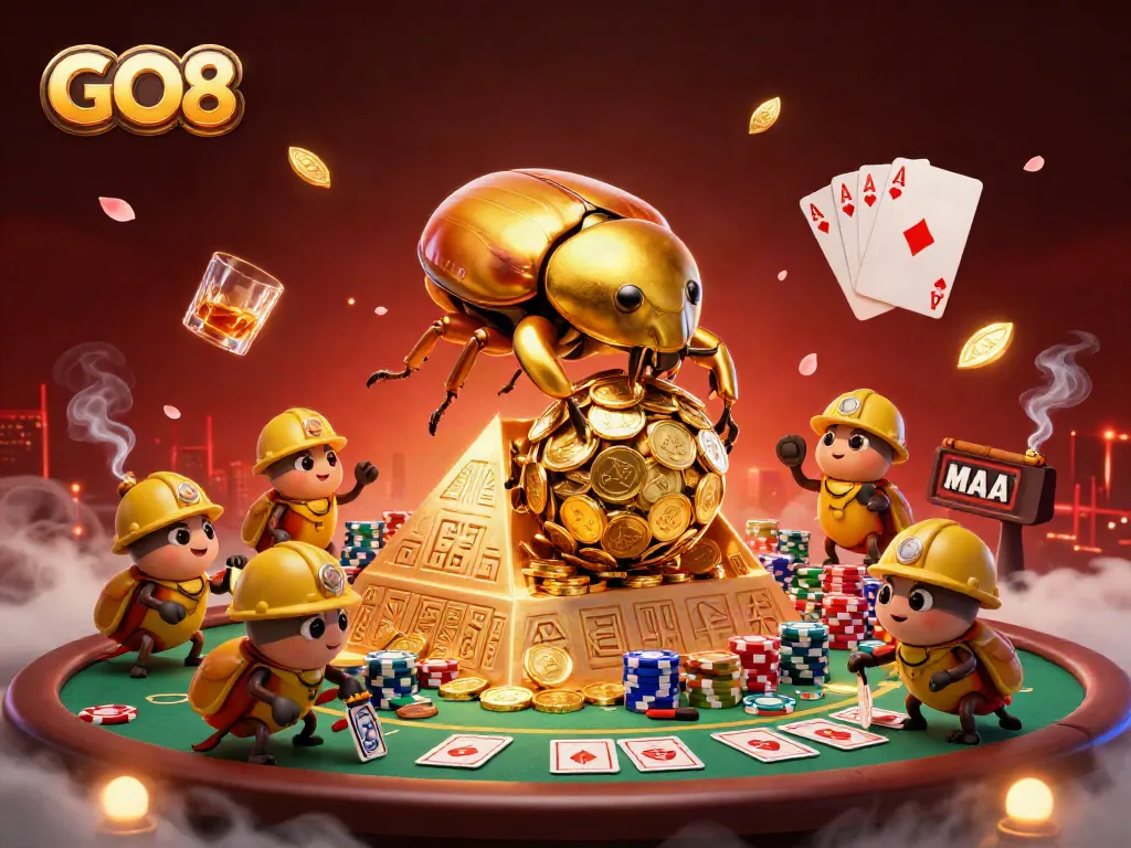 GO8 presents a vibrant 3D scene showcasing a golden beetle, poker elements, and casino symbols.