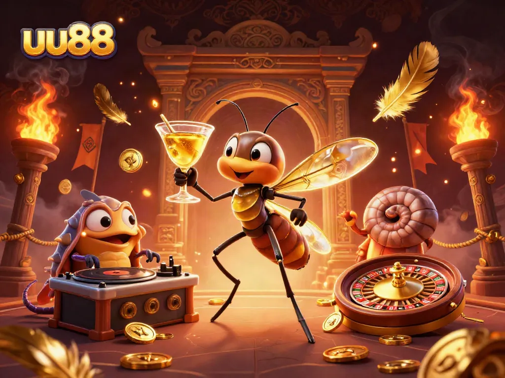 uu88's lively casino scene features a frozen mosquito mascot, trilobite DJ, and golden roulette elements.
