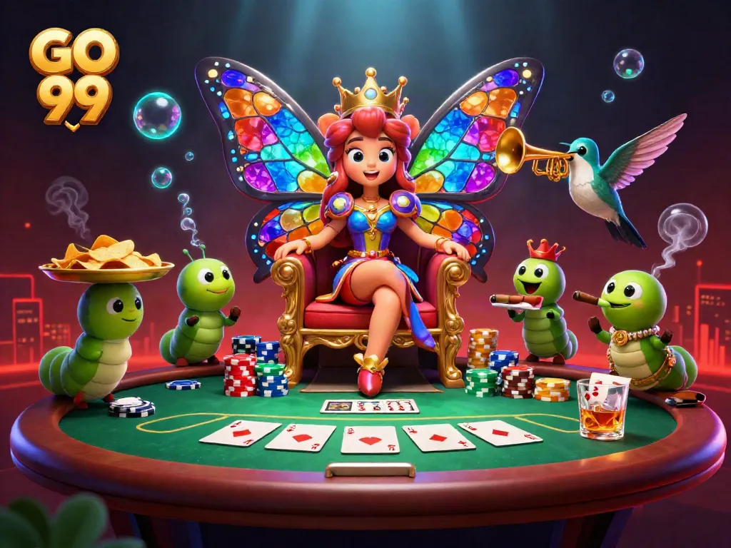 Experience GO 99's vibrant poker scene with a magical butterfly queen and dynamic card game elements.