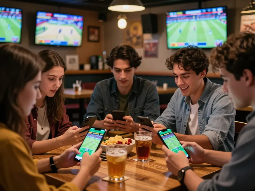 Friends engage in live betting on fabet platform while excitement fills the sports bar.