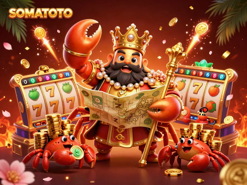 Experience the excitement of SOMATOTO with a vibrant scene of a golden crab emperor amidst slot reels and fireworks.