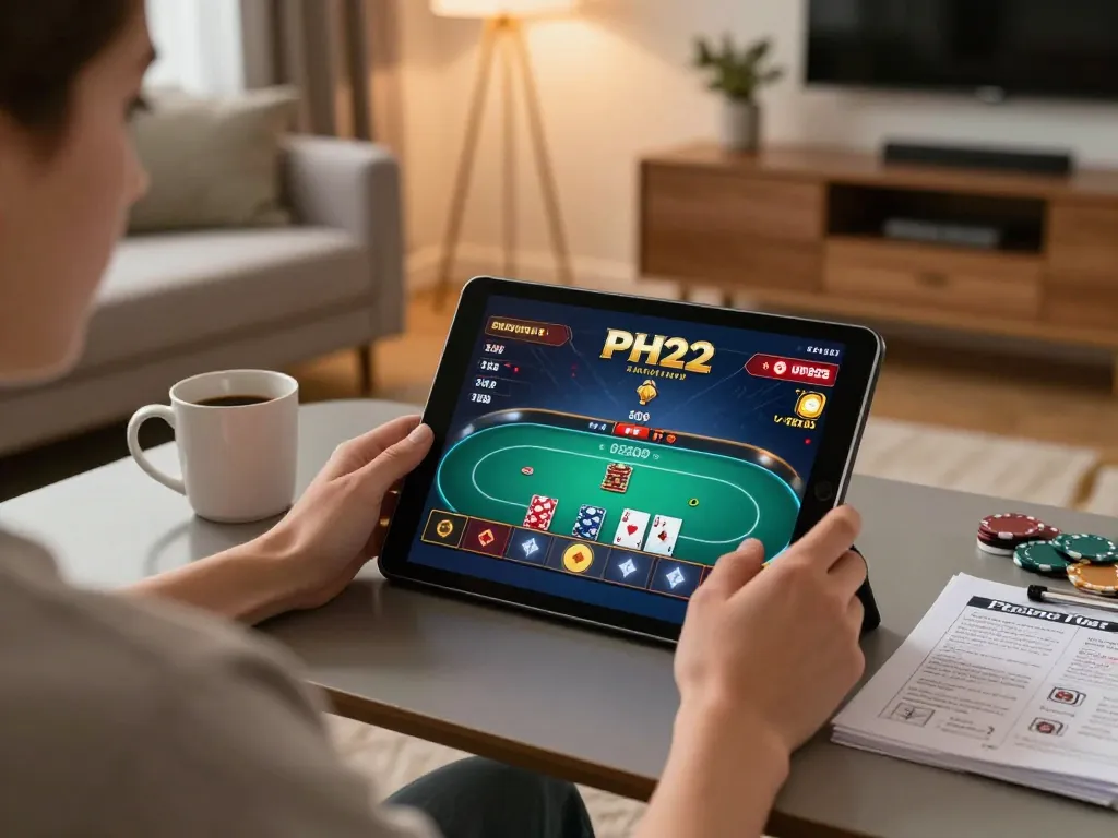 Player enjoying PH22 online casino poker on a tablet in a cozy home setting.