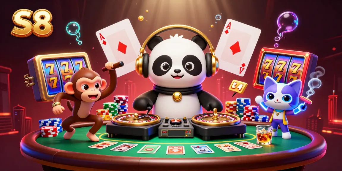 S8 brings a vibrant casino atmosphere with a DJ panda and excited characters in a lively gambling scene.