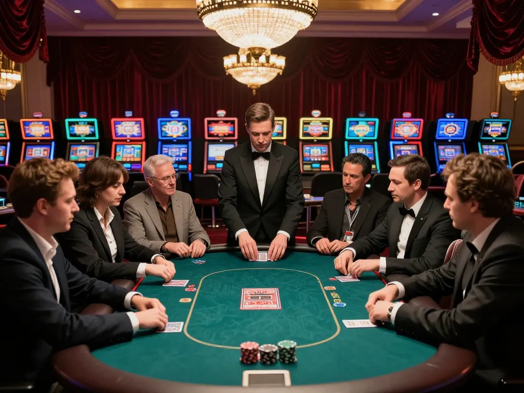 Players engage in high-stakes poker at lucks8 casino, showcasing strategy and excitement in an elegant setting.