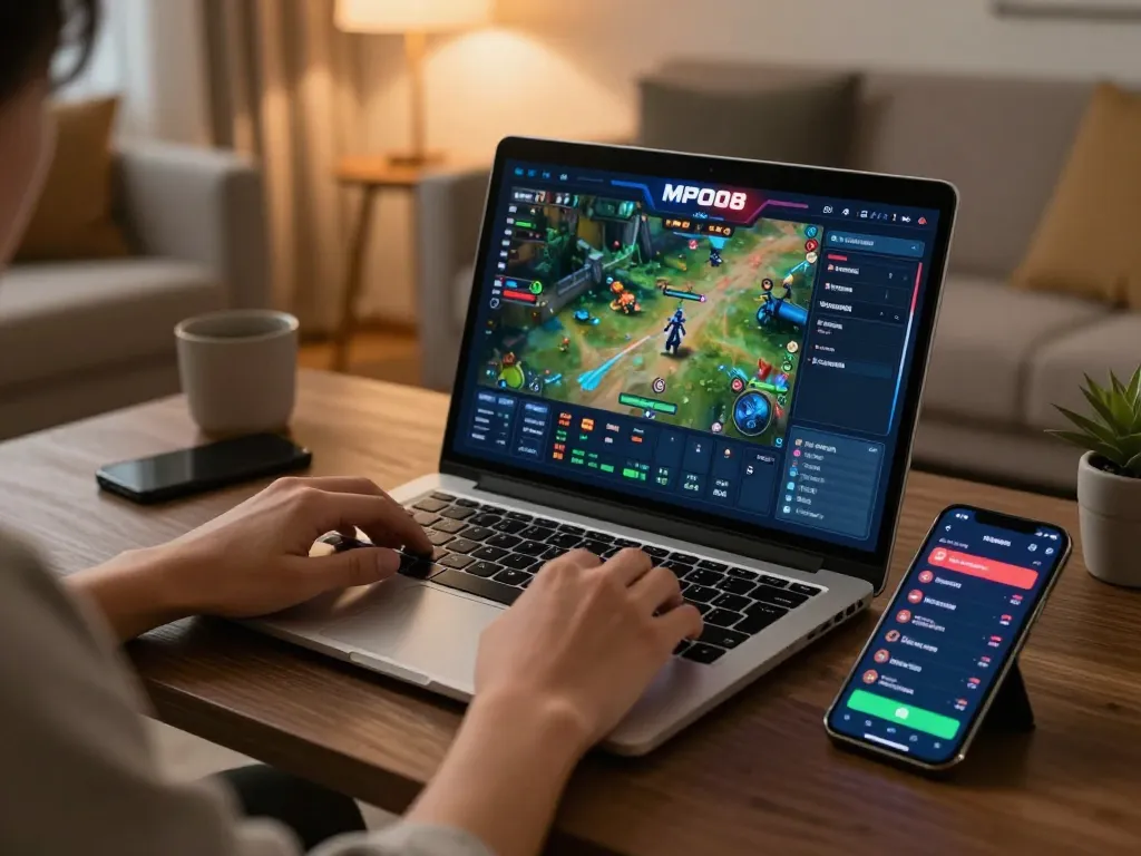 MPO08 online gaming setup with interactive interface, laptop and smartphone in cozy living room.