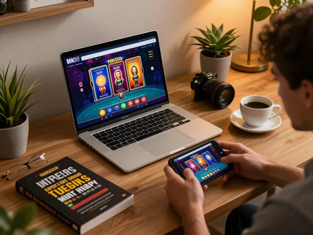Engaging in online gaming with NK88's casino platform, showcasing a cozy home setup for responsible gambling.