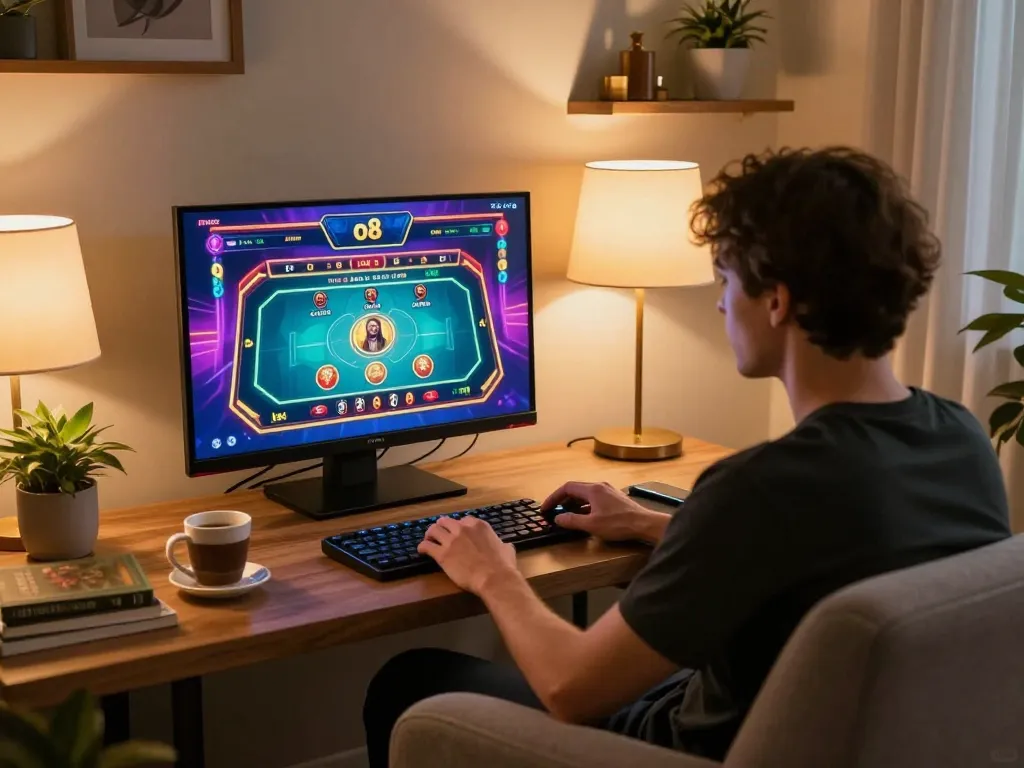 Engaging in a live dealer game on o8 from a cozy home setup with warm lighting and personal touches.