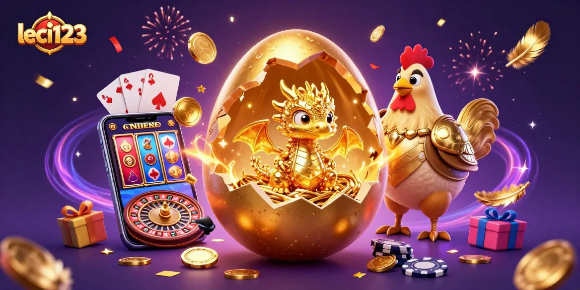 Engage with leci123: A golden baby dragon and golden hen amidst a casino backdrop, celebrating wins.