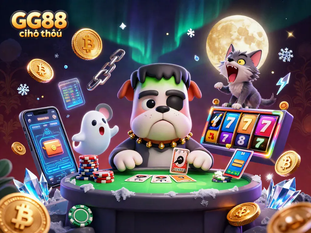 Play exciting casino games with GG88 chính thức as a cartoon Bulldog deals cards in a vibrant 3D scene.