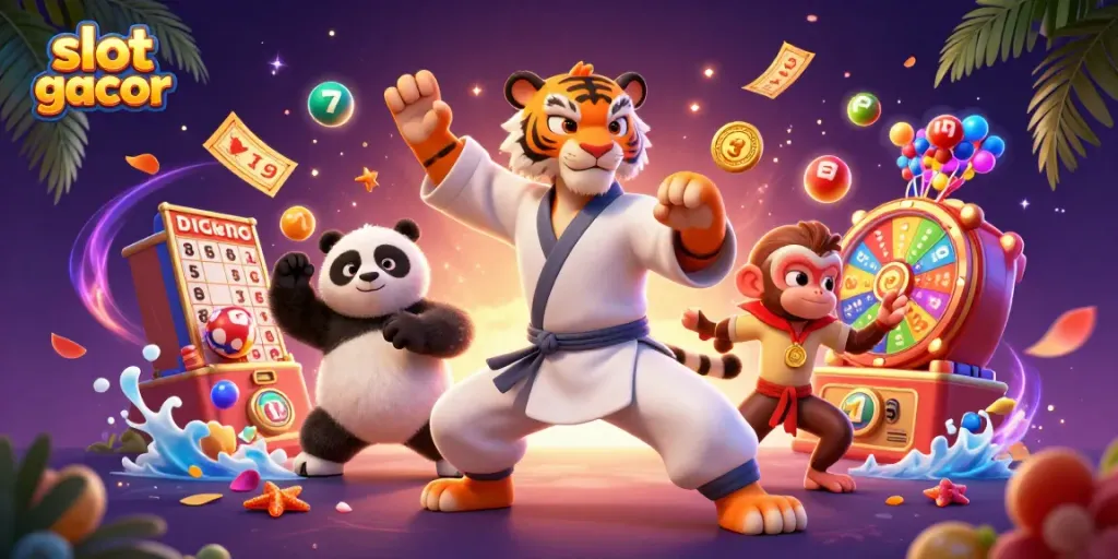 Engage with slot gacor through a vibrant 3D casino illustration showcasing a kung fu tiger and fun gambling elements.