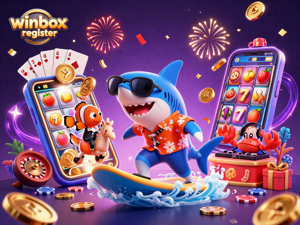Participate in fun gaming with winbox register as a shark surfs on coins with a clownfish and a DJ crab.