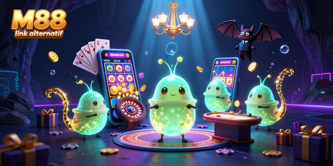 Experience M88 link alternatif in a vivid casino scene with glowworms and gaming excitement.