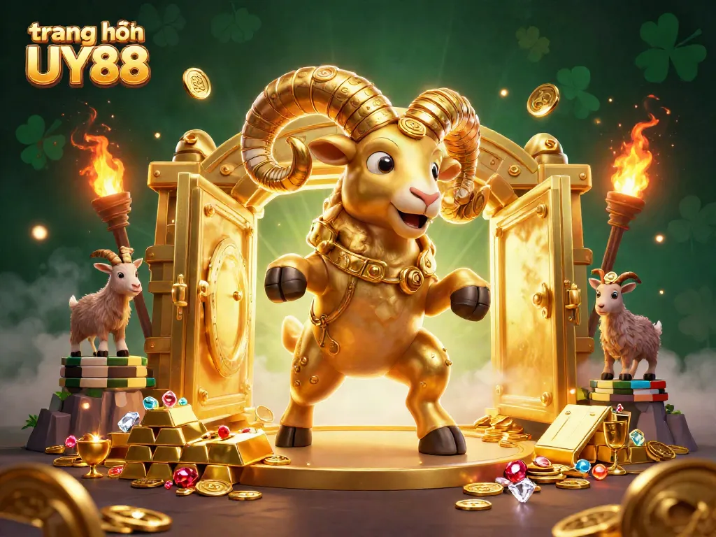 Experience excitement at trang chủ UY88 with a charging golden ram amidst treasures and dynamic casino elements.