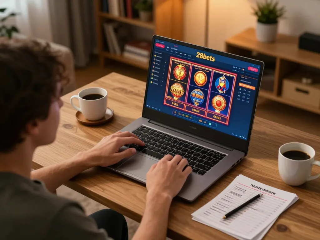 Using 28bets on a laptop for online gaming while enjoying a cozy home atmosphere with strategy notes.