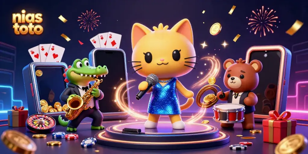 Gambarkan aksi menarik di NIASTOTO dengan karakter kucing penyanyi jazz dan elemen judi.