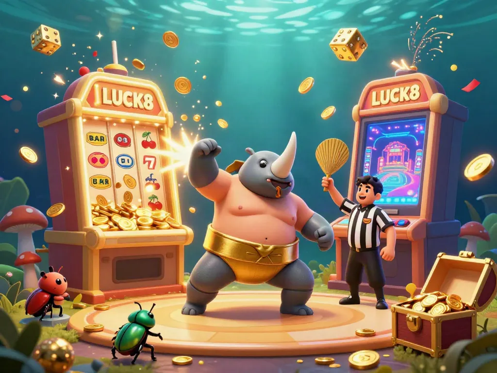 Celebrate with LUCK8's stunning casino scene featuring a beetle champion, coins, and exciting game elements!