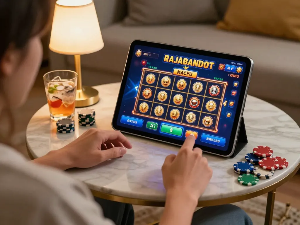 Engaging with RAJABANDOT Macau on a tablet, showcasing strategic slot gaming at home.