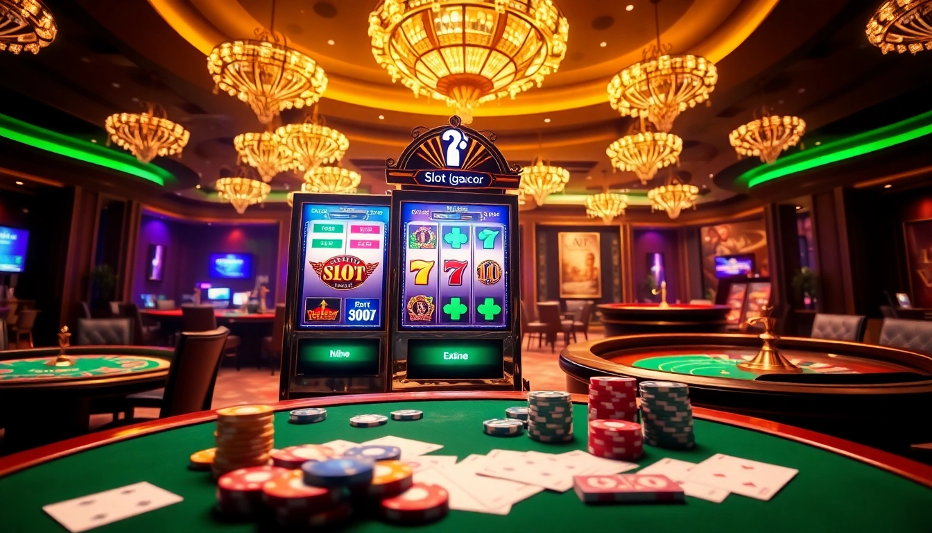 Experience thrilling gameplay on a slot gacor machine surrounded by vibrant casino elements.