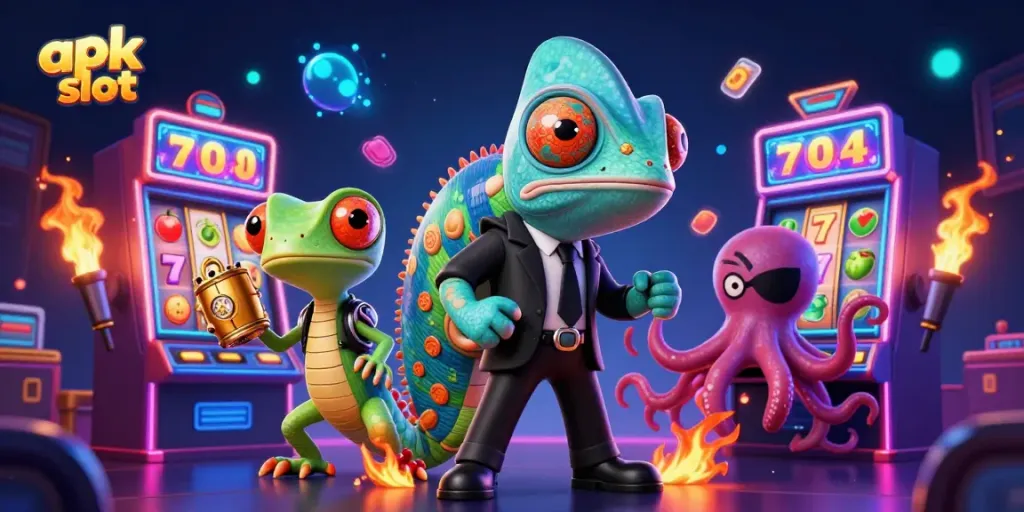 Rasakan pengalaman bermain apk slot yang menarik dengan chameleon, gecko cerdas, dan gurita seram di kasino.