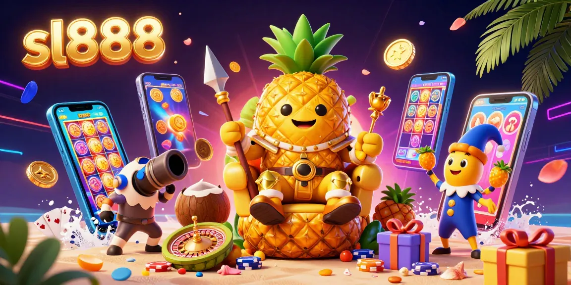 Experience excitement with sl888's vibrant casino scene featuring a golden pineapple king, game elements, and energetic atmosphere.