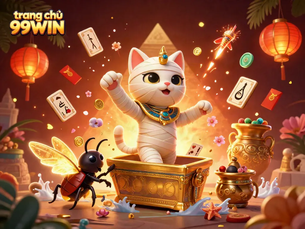 Experience the excitement of trang chủ 99WIN with our vibrant online casino illustration featuring unique characters and elements.