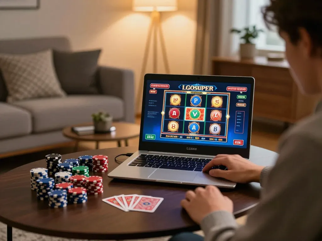 Player enjoying LGOSUPER while engaging with an online poker game at home.