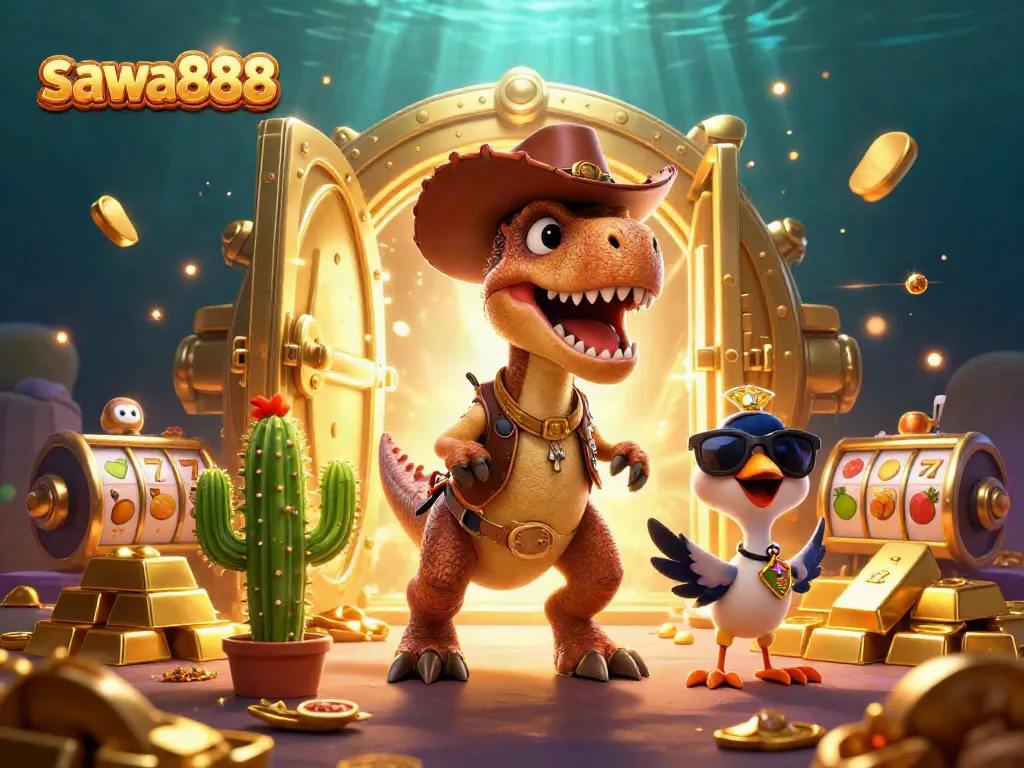 Experience thrilling gameplay with sawa888 featuring a cartoon dinosaur and casino elements.