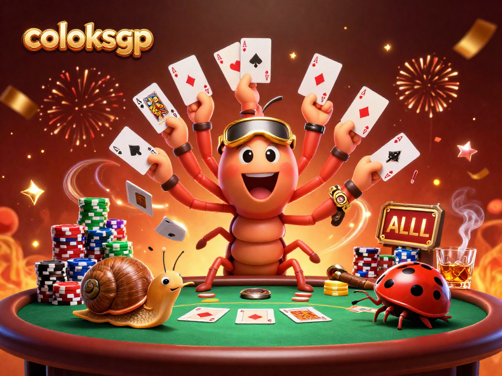Coloksgp menampilkan dealer unik dan suasana permainan poker yang seru dengan banyak chip.