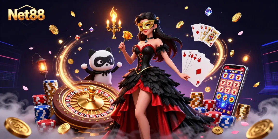 Experience the thrill of Net88 with a captivating promotional casino illustration showcasing glamorous gaming elements.