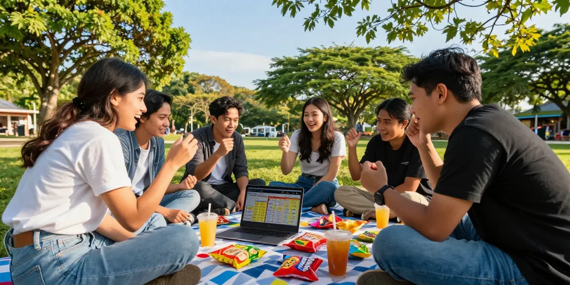 Teman-teman menikmati permainan ratutogel di taman, berdiskusi strategi sambil menikmati camilan dan minuman.