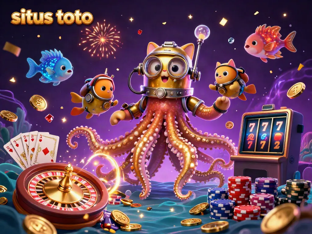 Experience the thrill of situs toto with a vibrant 3D illustration featuring a colossal kraken, diving cat, and shimmering coins.