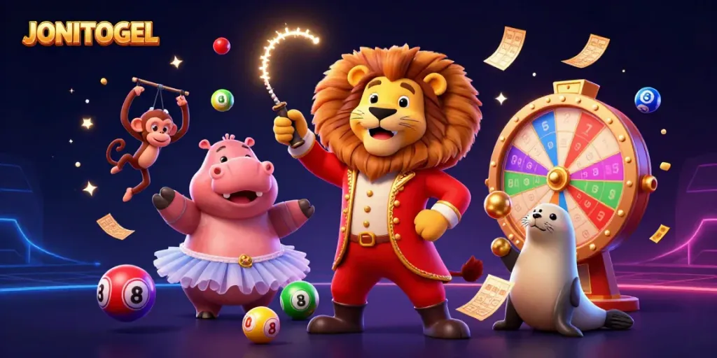 Experience the excitement of JONITOGEL with vibrant lottery balls and animated circus characters lively engaging in a fun scene.