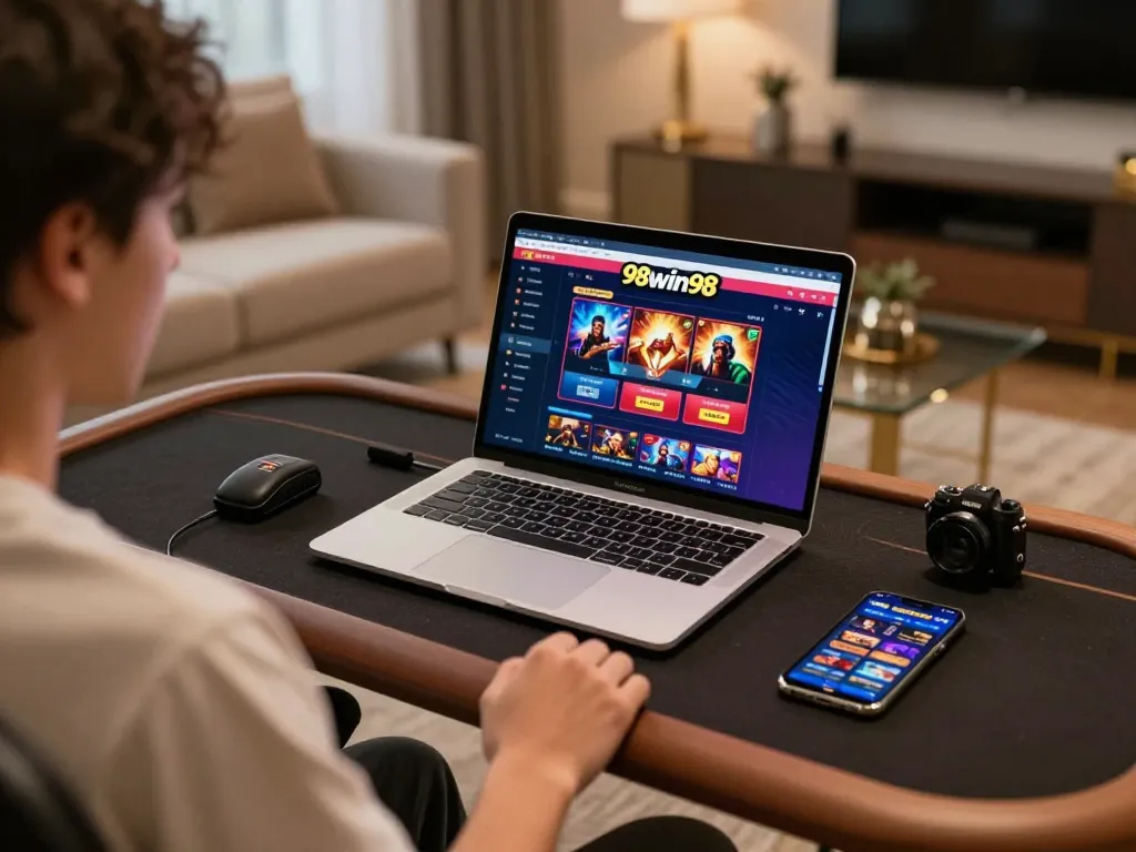 Engage with 98win98 online casino using a sleek laptop and smartphone for immersive gaming.