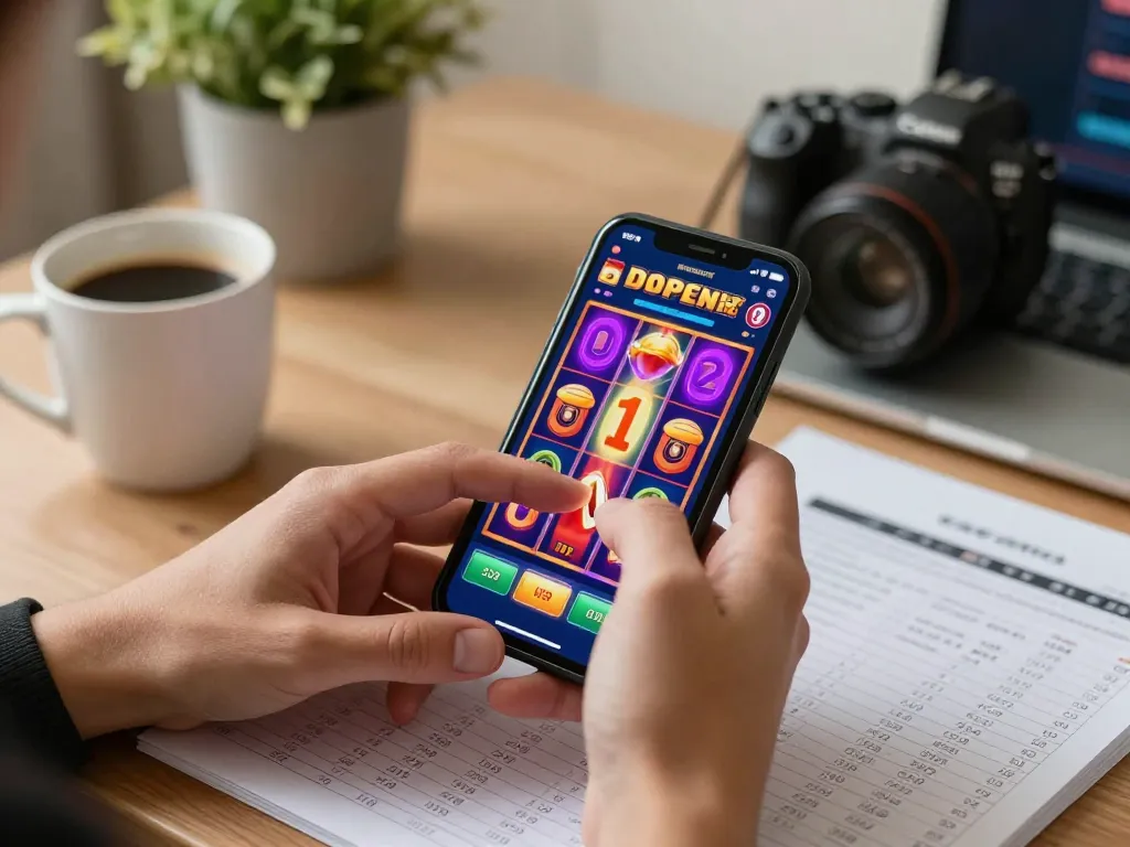 Engaging in a bright nổ hũ game on smartphone, crafting strategies from home setting.